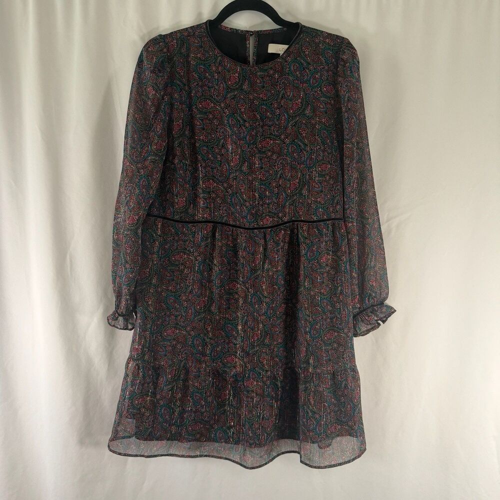 LOFT Dress Women's Medium Petite Red Green Paisley Sheer Long Sleeve Pullover